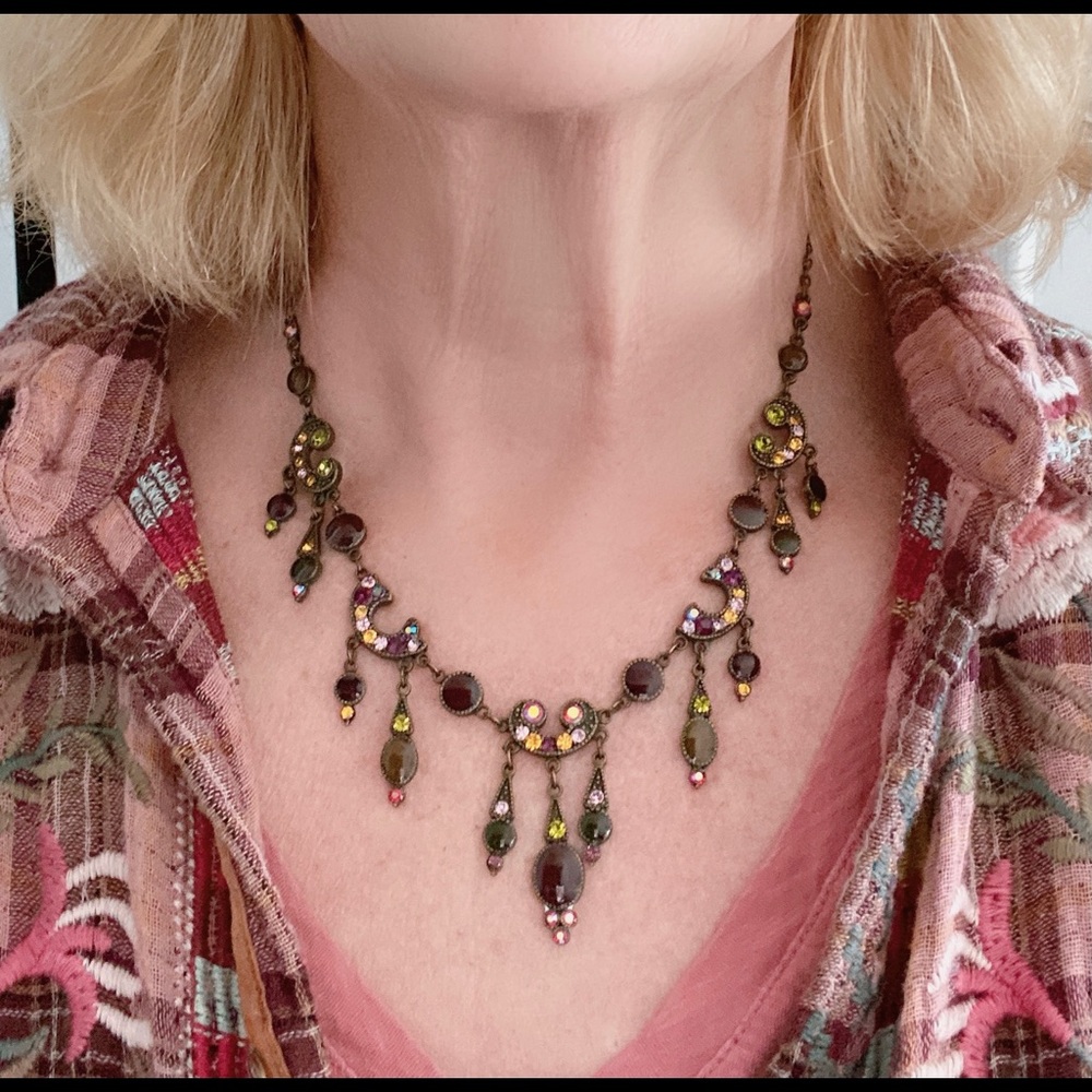 Vintage Red Swarovski Crystals & Enamel Art Deco Style Necklace w Dangles - Picture 1 of 8